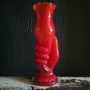 Vintage Cased Glass Hand Vase Red Art Glass Victorian Style 9"